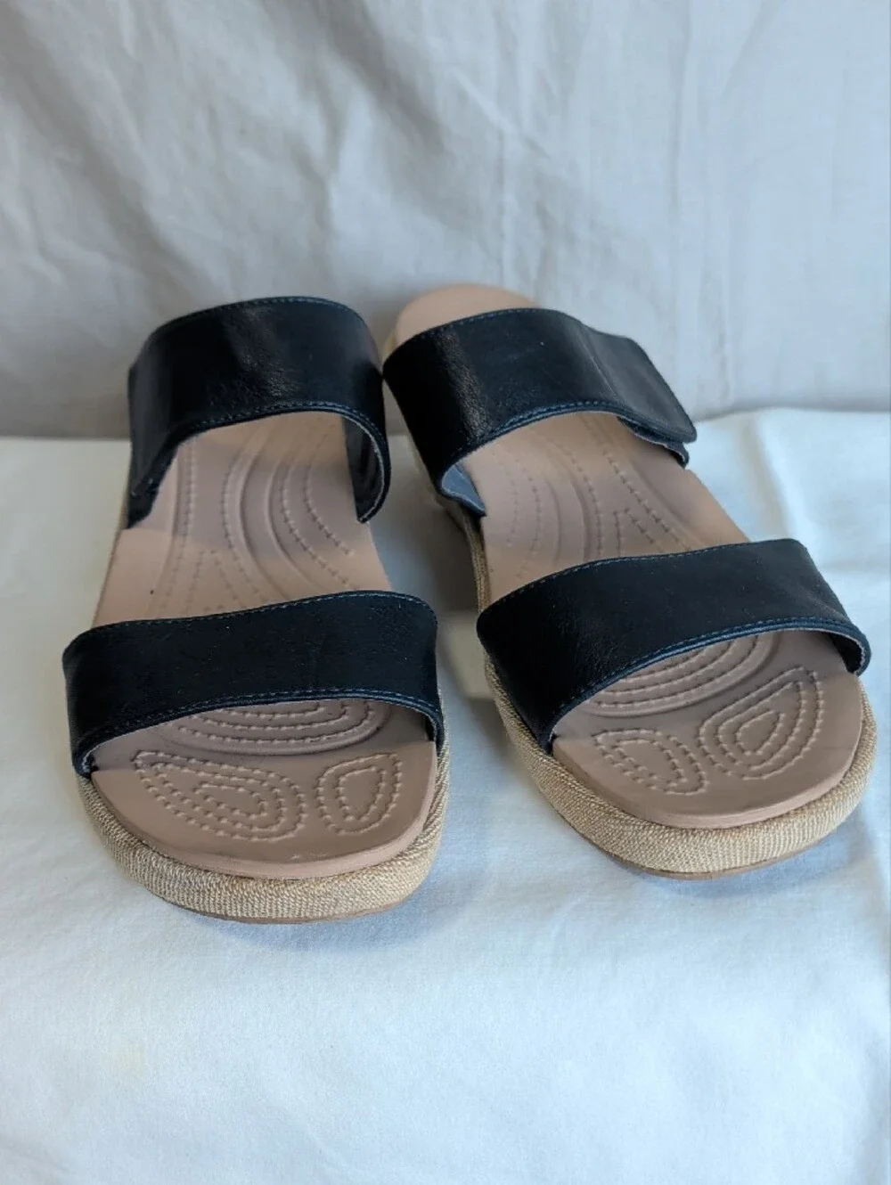 CROCS Black Leather Dual-Strap  Slide Sandals with Tan Wedge Resort Boho Wear